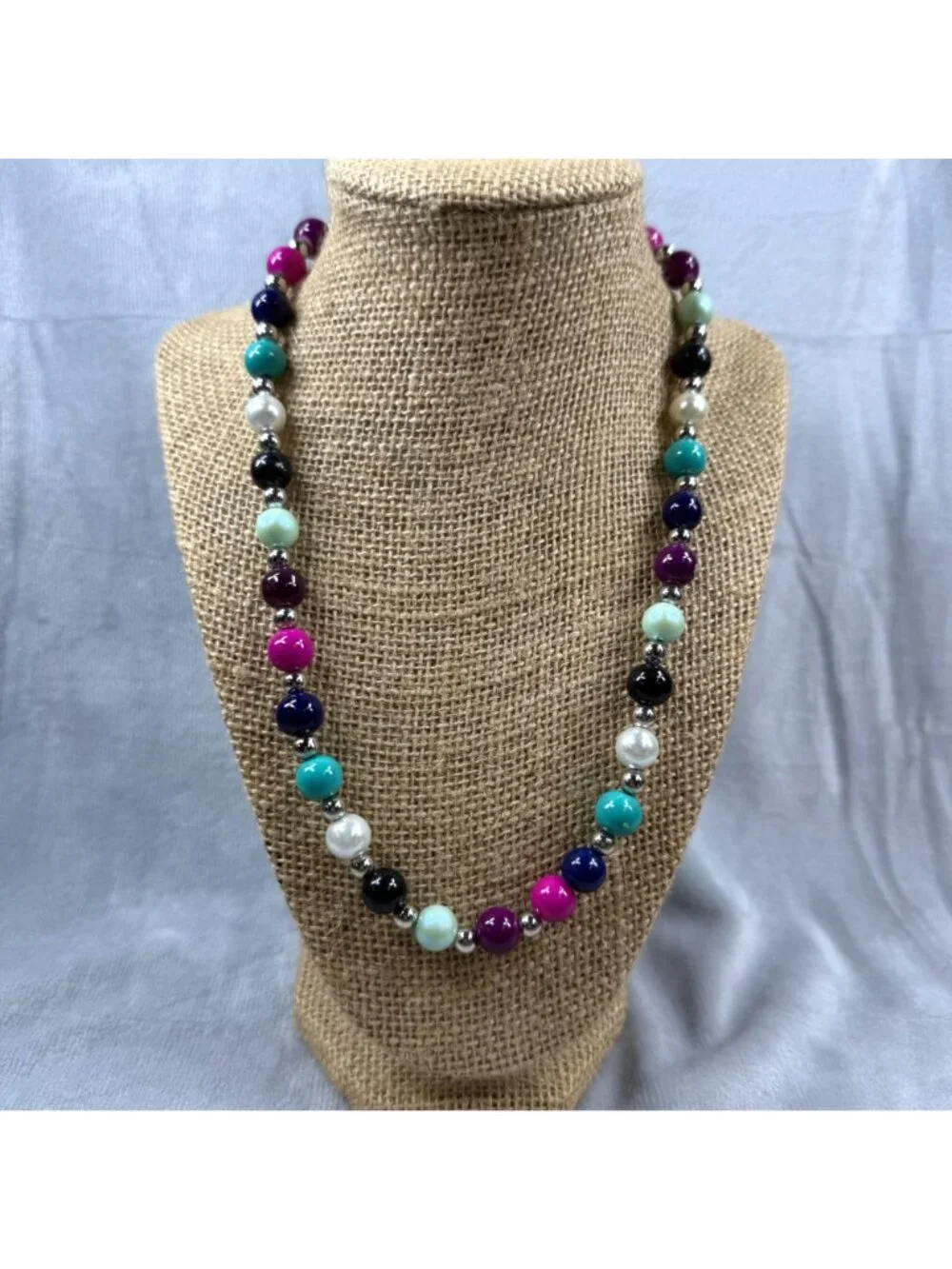 Multicolor Beaded Necklace Glossy Finish & Silver Accents 20 Inches Spring Clasp